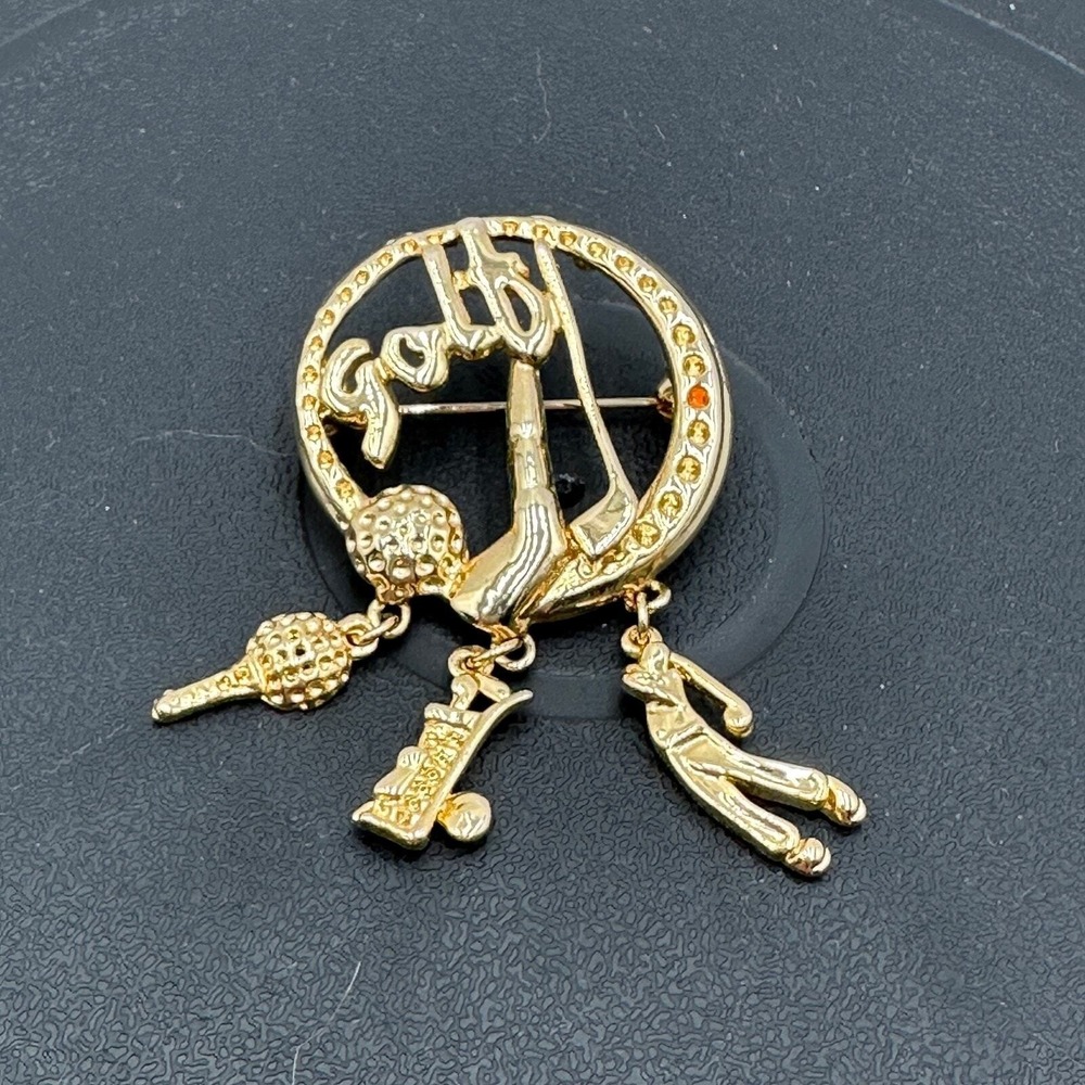Gold Tone Golf Theme Brooch Pin with Dangles Golfer Club Ball Charms